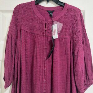 Intro Womens New Crinkle Gauze Crew Neck 3/4 Sleeve Smocked Button Blouse PM